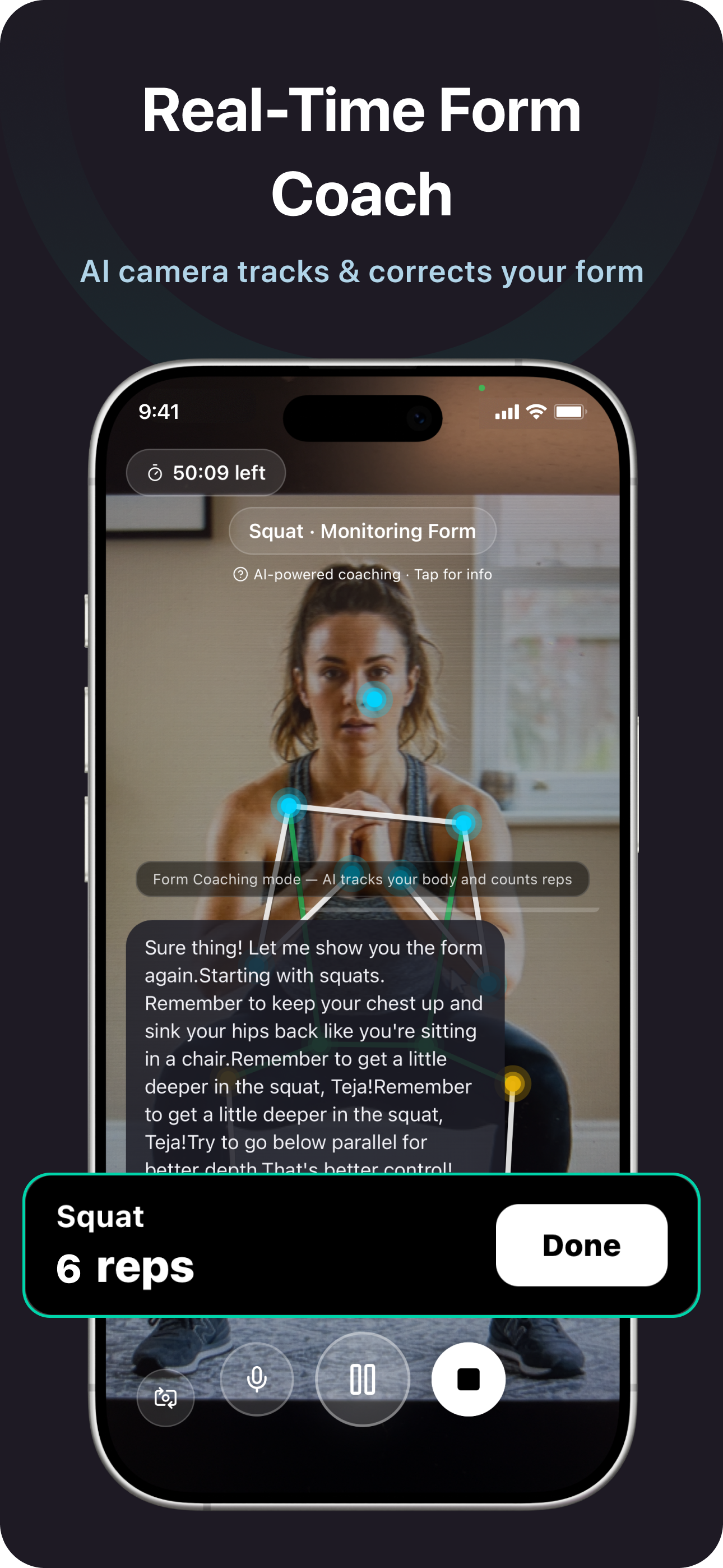 Spottr AI Form Coach — real-time skeleton tracking correcting squat form